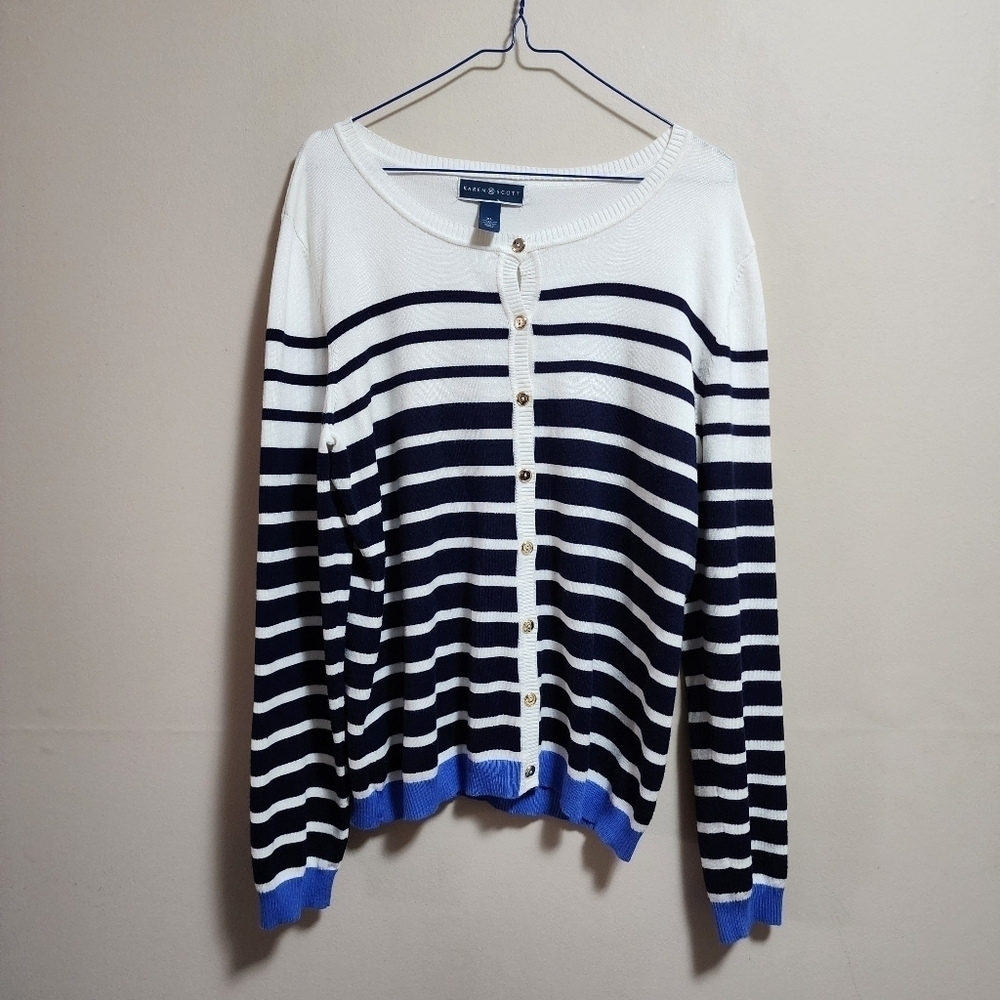 Karen Scott stripes cardigan with golden buttons color blue and white size XL